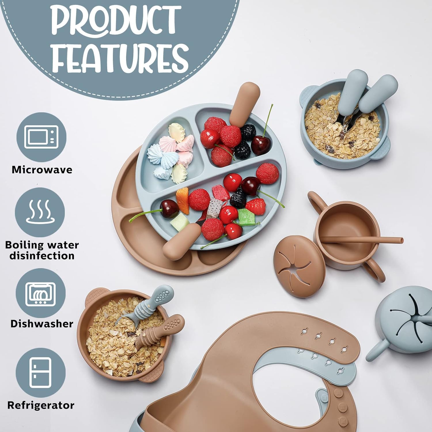 16 Pcs Silicone Baby Feeding Set Baby Led Weaning Supplies Baby Eating Supplies Utensils with Divided Silicone Suction Plates Adjustable Bib Bowl Cutlery Snack Cup Spoons Straw Green Beige 6 Months+ - Image 5